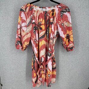 Elizabeth And James Floral Boho Shift Dress Size XL Red Belted Half Sleeve